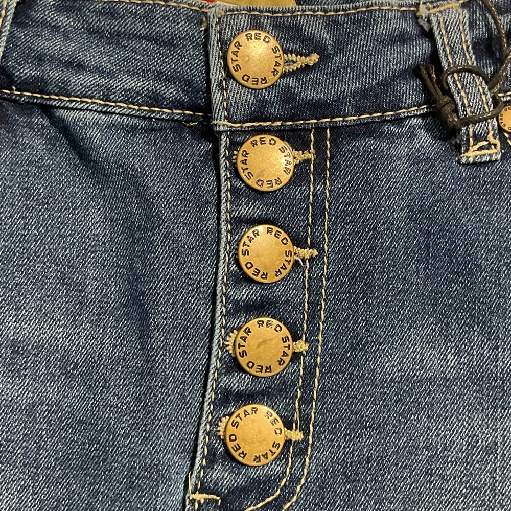 Red Star Button-Front Medium Blue Distressed Denim Mini Skirt Size 2 - Picture 5 of 16